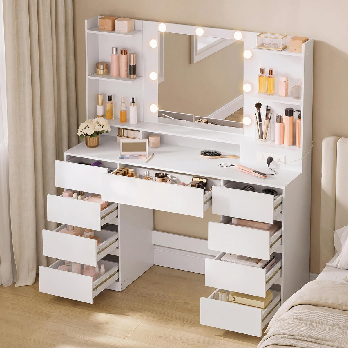 VASAGLE 43.3-Inch Vanity Desk with Mirror and Lights, 9 Drawers | Modern Vanity Table with Power Outlets, Jewelry Storage, Cloud White, for Bedroom, KAILYN Collection URDT141WB01S