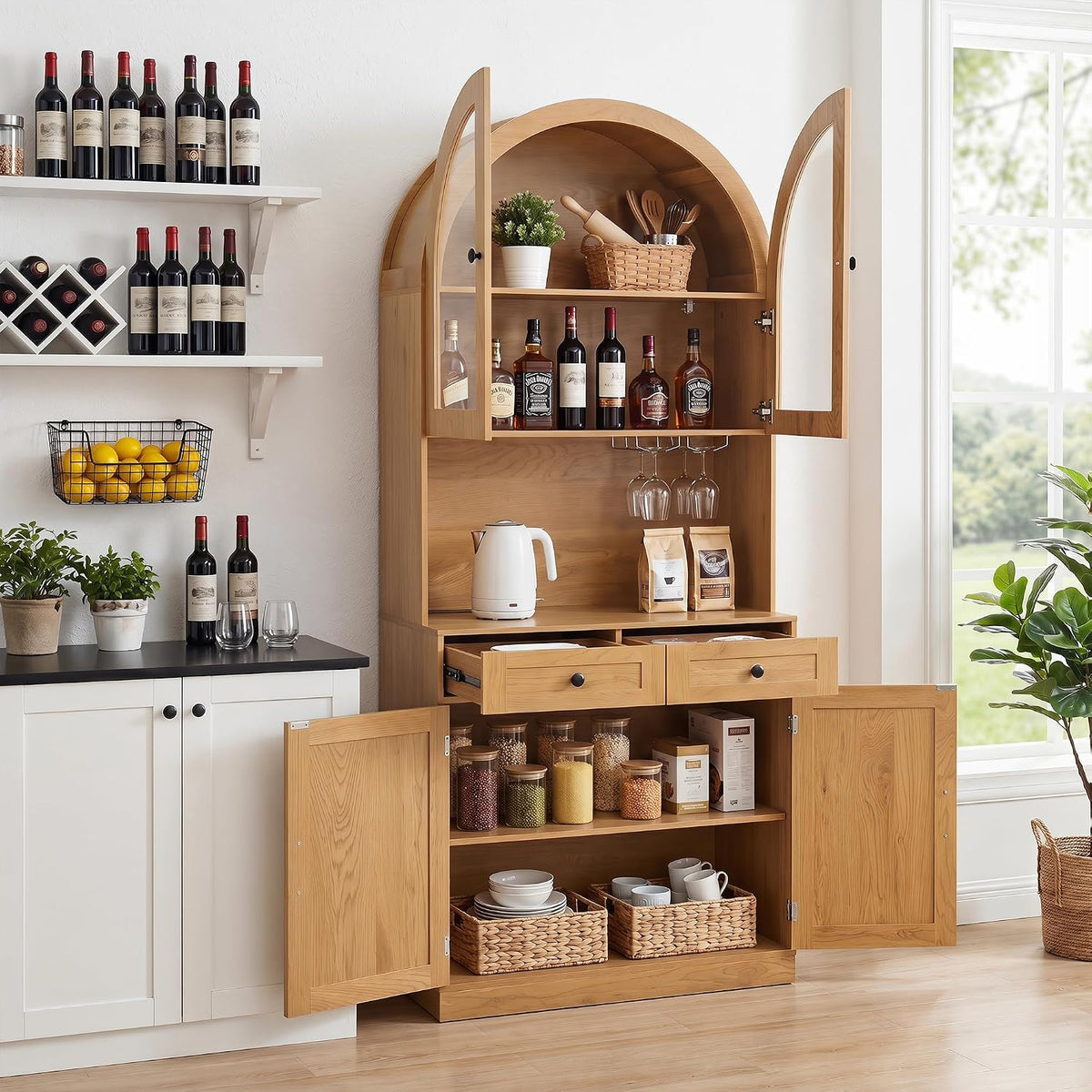 Merax 75'' Farmhouse Arched Kitchen Pantry with Charging Station | Kitchen Hutch with Adjustable Shelves, Open Countertop & Glass Holders, Versatile Cupboard for Dining Room Living Room
