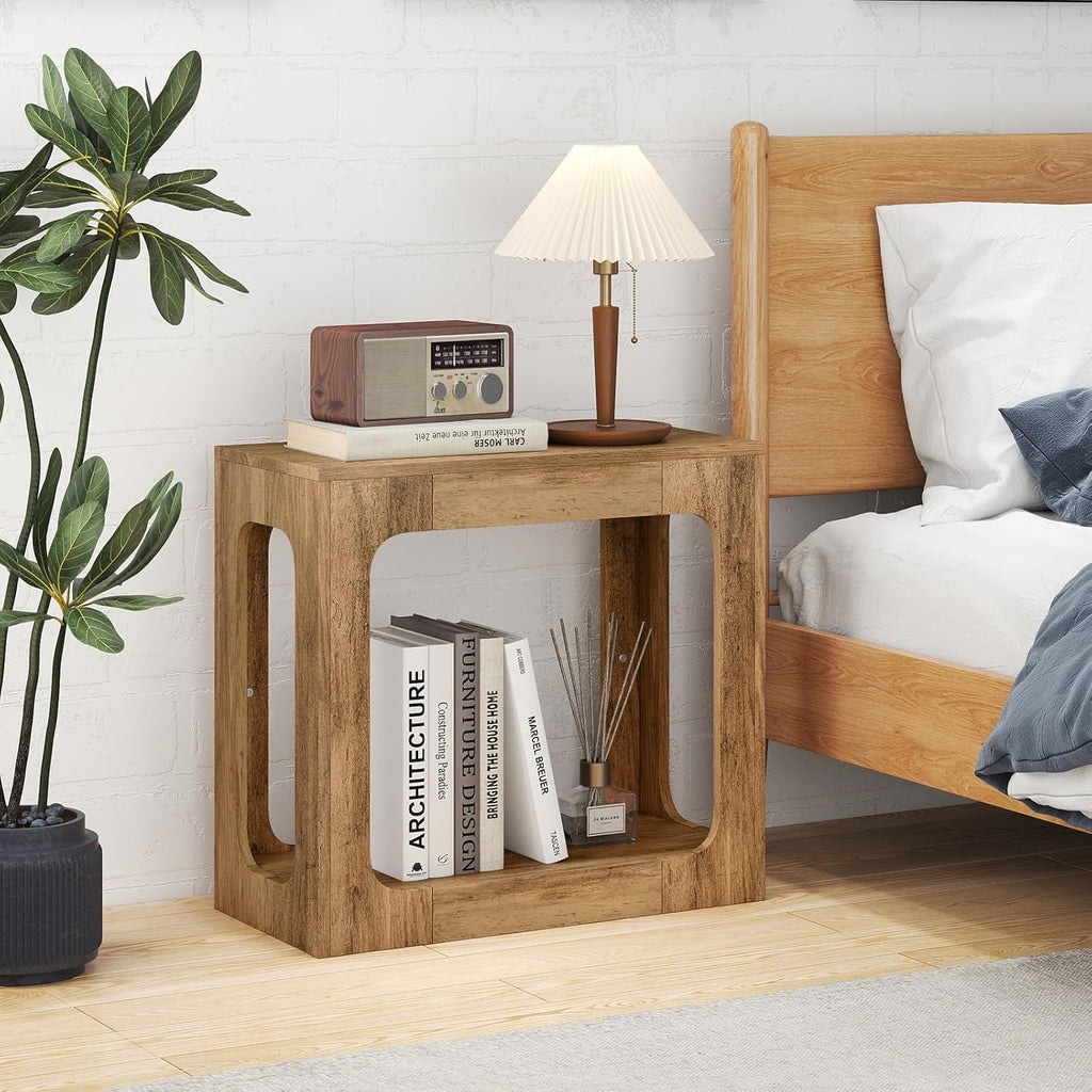 GOFLAME Narrow End Table, Farmhouse Wood Sofa Side Table 2-Tier with Storage Shelf, Arched Rustic Small Accent Tables, Rectangular Compact Night Stand for Living Room, Bedroom, Oak