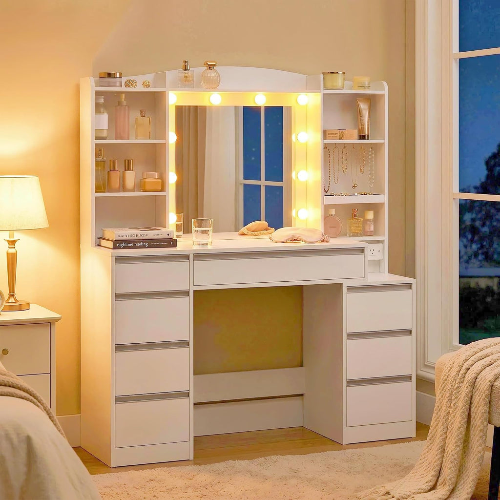 HEXCELEN 47" Vanity Desk with LED Lights, 8 Drawers, 20" Mirror, 2AC+2USB Charging, FSC Wood White Makeup Vanity