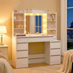 HEXCELEN 47" Vanity Desk with LED Lights, 8 Drawers, 20" Mirror, 2AC+2USB Charging, FSC Wood White Makeup Vanity