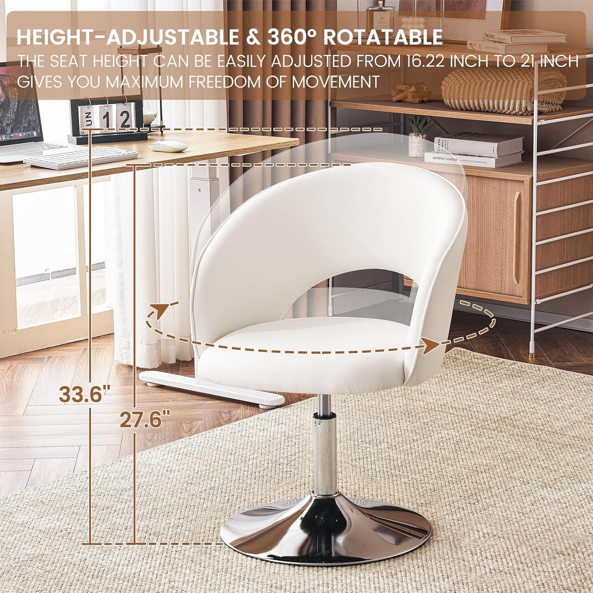 Furniliving Makeup Vanity Chair, Flexible Round-Back Accent Chair with Plated Frame, Height Adjustable Swivel Chairs for Bedroom Charming Chair, Living Room, Office, PU, White