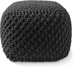 Casafield Square Pouf Ottoman, Black - 18.5" W x 18.5" D x 14.5" H Cotton Knit Foot Stool - Boho Floor Pouffe for Living Room, Bedroom, Home Office