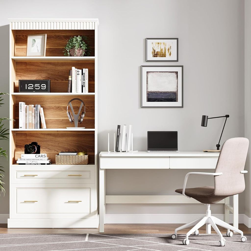 Tribesigns 5-Shelf Bookcase with File Cabinet Drawer, 72" Tall Bookshelf, Modern Free-Standing Wood Bookcase, Large Open Display Storage Book Shelf for Living Room (2pcs, White)