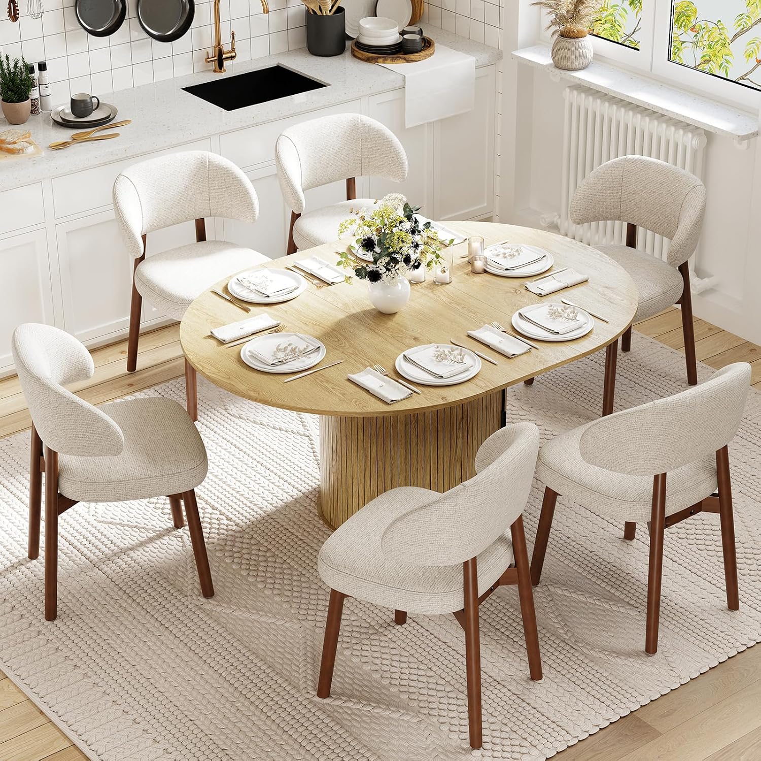 MALOL 47"-63" Extendable Round to Oval Dining Table Chairs Set for 4-8, Modern Wooden Kitchen Table and Chairs with Hidden Storage and Fluted Design for Dining Room/Small Space(Natural Wood and Brown)