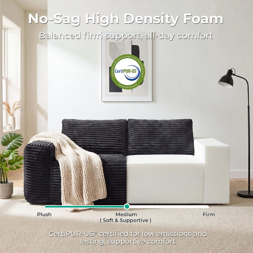 LIKIMIO Liorin Plush 71" Floor Loveseat Sofa Black Corduroy No Assembly | 2 Seater | High-Density Foam | 25.6" Deep Seat | 17.3" High Seat | Sofa in a Box | Ideal for Apartment/Living room