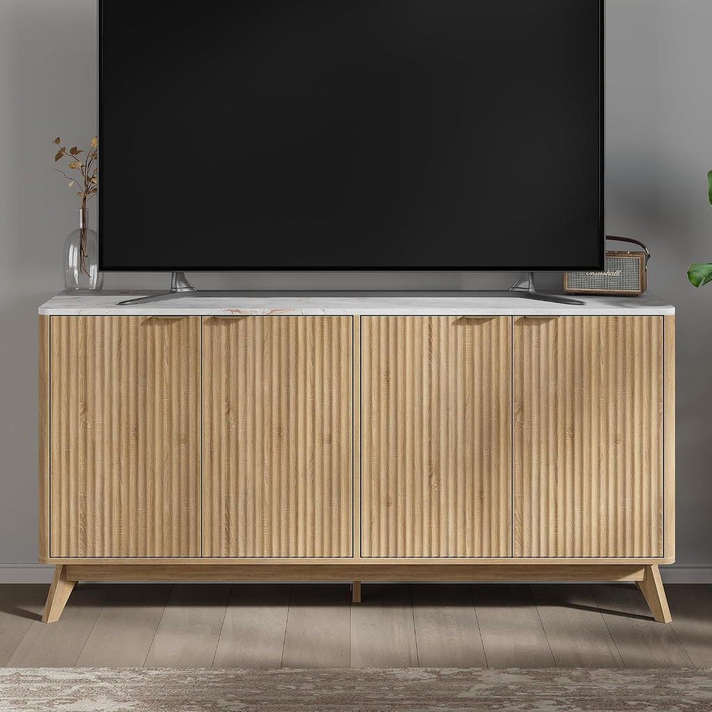 59'' Sideboard Buffet Cabinet with Storage, Fluted Cabinet with Rounded Corners, Modern Buffet Table Accent with 4 Doors for Coffee Bar, Console Table,Oak