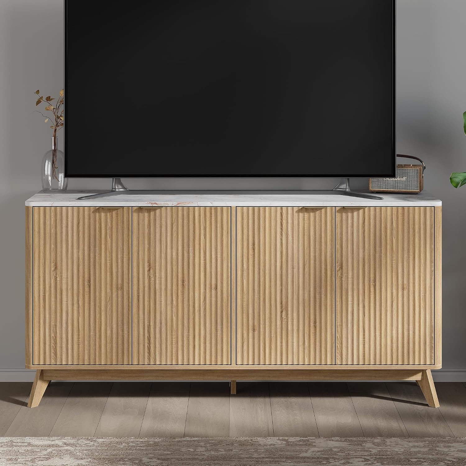 59'' Sideboard Buffet Cabinet with Storage, Fluted Cabinet with Rounded Corners, Modern Buffet Table Accent with 4 Doors for Coffee Bar, Console Table,Oak
