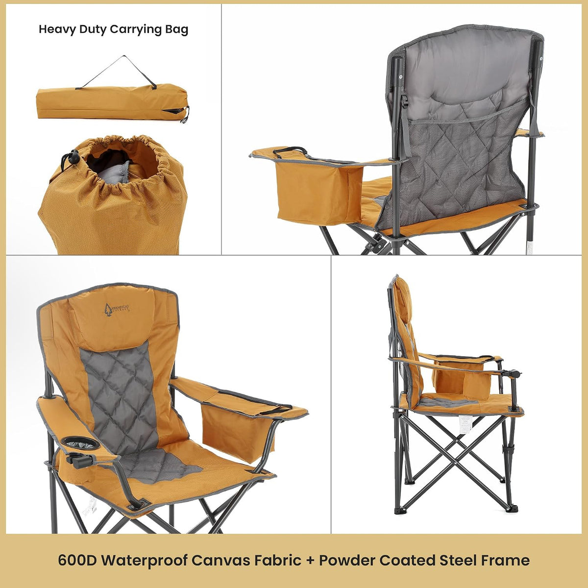 ARROWHEAD OUTDOOR Deluxe Folding Camp Chair – 550lb Capacity Heavy-Duty Quad Chair with Integrated Cooler, Headrest, and Dual Cup Holders.