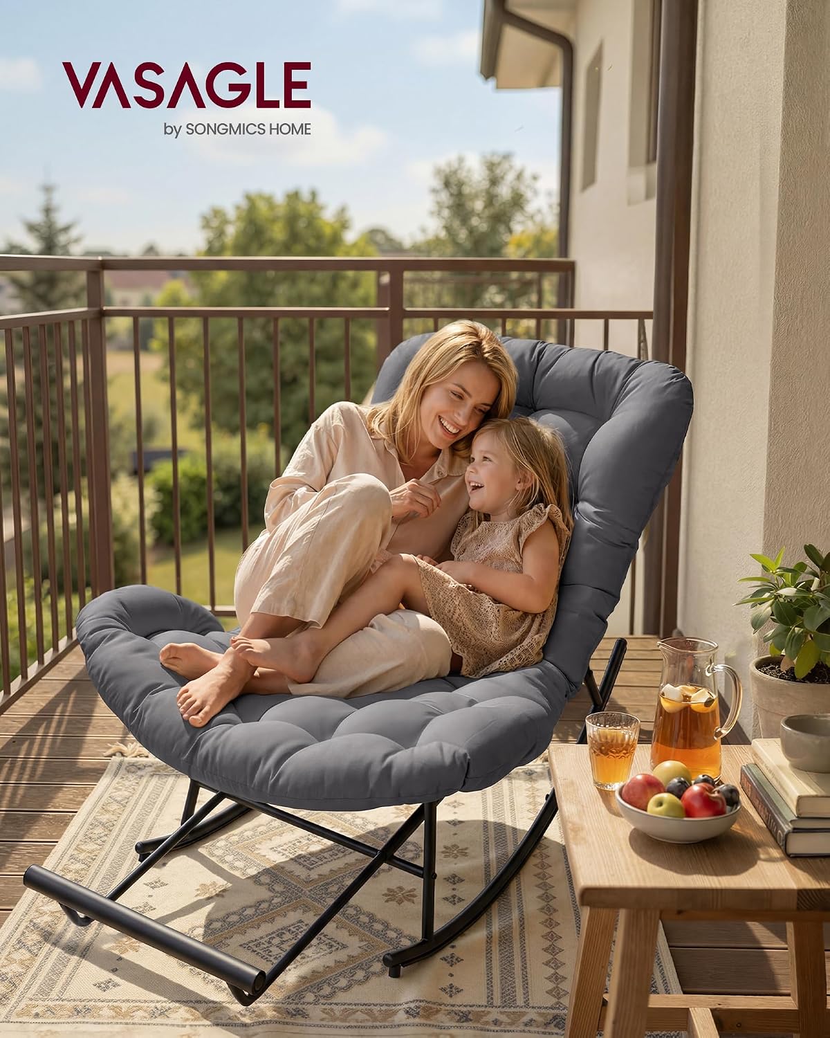 VASAGLE Papasan Chair, Outdoor Rocking Chair, Outdoor Furniture, Steel Frame, Extendable Footrest, Removable Cushion, Holds 300 lb, for Bedroom, Living Room, Patio, Garden, Gray ULYY062GZ01