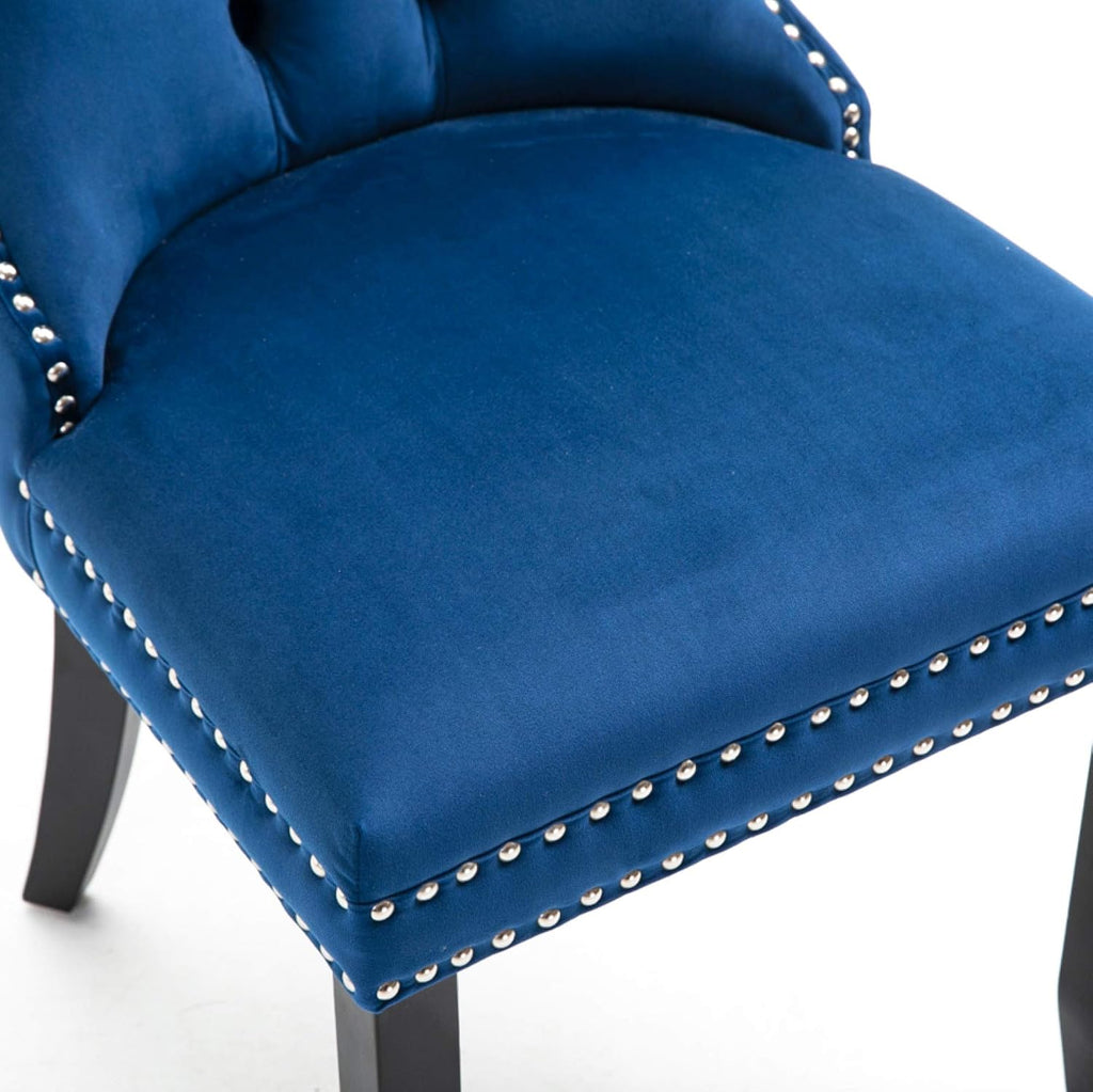 Set of 2 Upholstered Velvet Dining Room Chairs with Nailed Trim and Pulling Ring (Blue)
