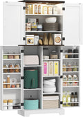 HOMCOM 64" Kitchen Pantry Cabinet with LED Motion Sensor Light, Farmhouse Tall Storage Cabinet with Adjustable Shelves, Cupboard for Living Room, Dining Room, White