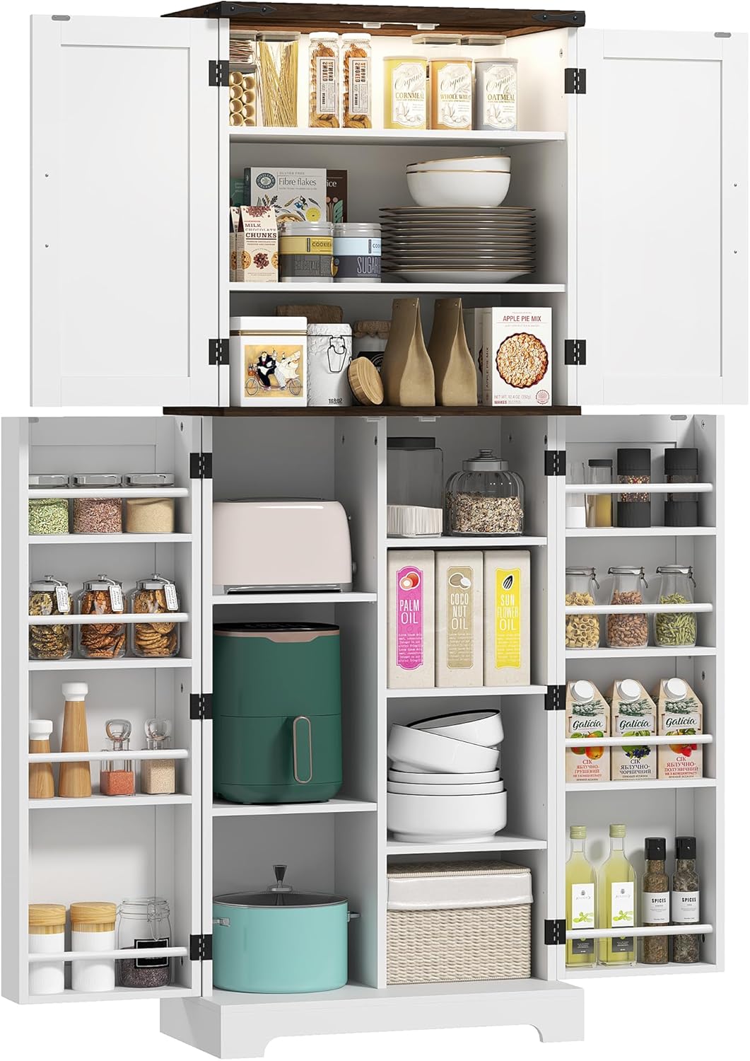HOMCOM 64" Kitchen Pantry Cabinet with LED Motion Sensor Light, Farmhouse Tall Storage Cabinet with Adjustable Shelves, Cupboard for Living Room, Dining Room, White
