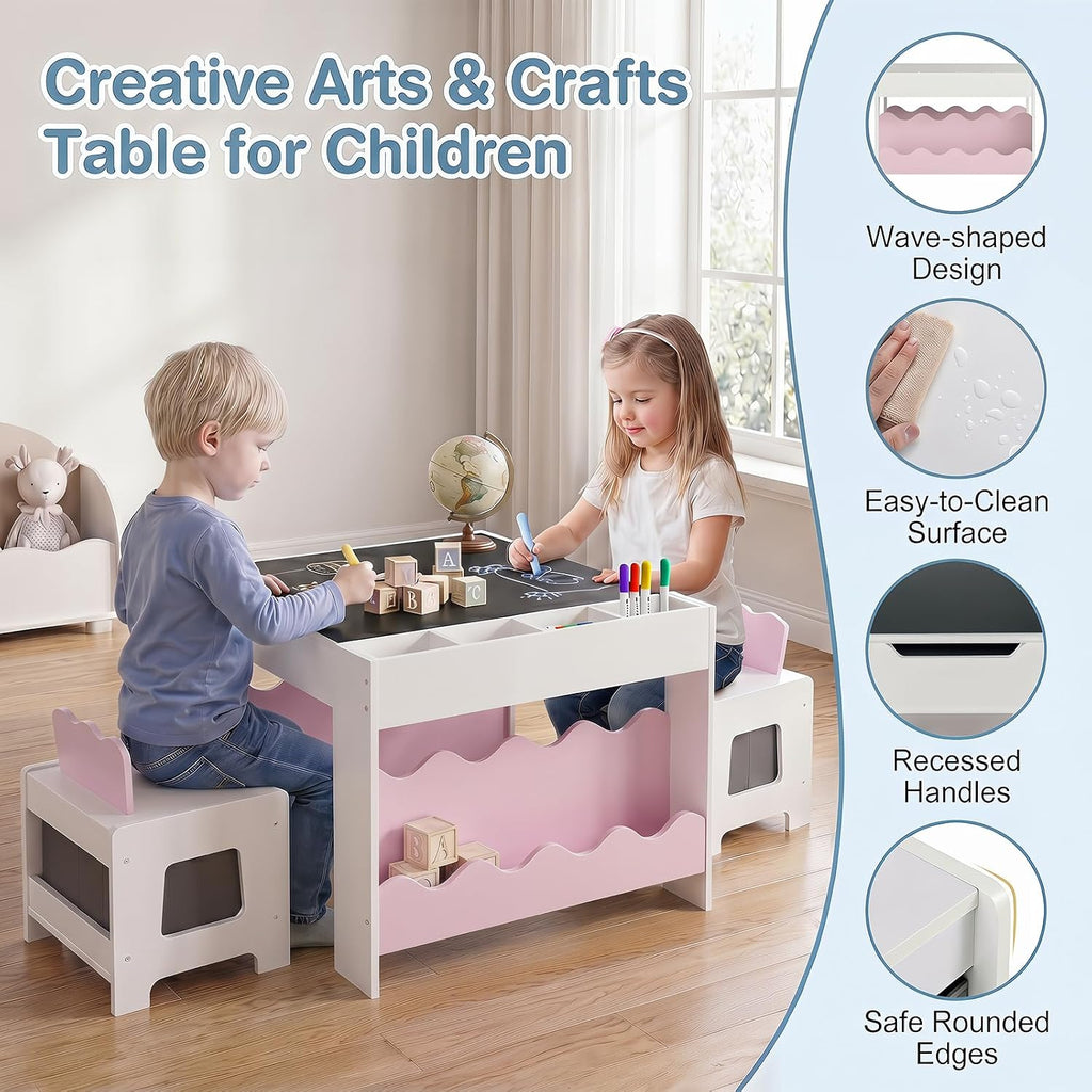 HONEY JOY Wooden Kids Table and Chair Set w/Double-Sided Tabletop | Toddler Activity Table and Chairs w/ Chalkboard, Bookshelves, Small Compartments and Fabric Drawers for Art & Crafts