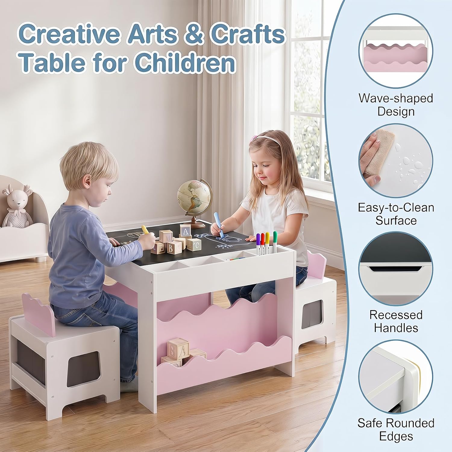 HONEY JOY Wooden Kids Table and Chair Set w/Double-Sided Tabletop | Toddler Activity Table and Chairs w/ Chalkboard, Bookshelves, Small Compartments and Fabric Drawers for Art & Crafts