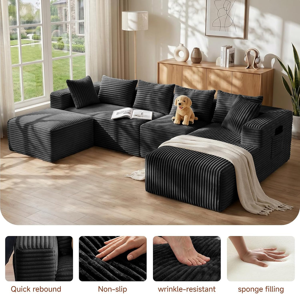 Couch ≈139" U-Shaped Sofa, Modular Sofa in Living Room Comfy Corduroy Fluffy Couch with Deep Seat and Side Pockets, Flexible Module Combination for Living Room (Black, 139IN)