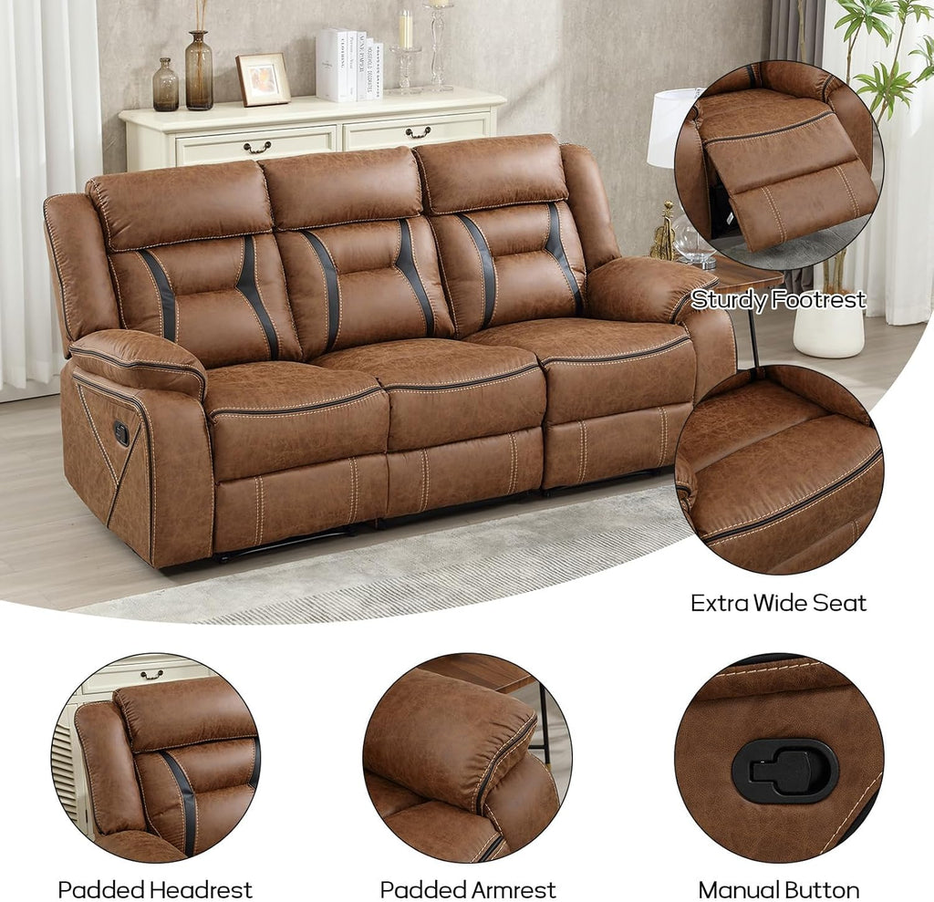EBELLO Manual Recliner Sofa Set, Faux Leather Reclining Living Room Furniture Set, Included Recliner Chair and 3 Seat Manual Recline Sofa, Brown