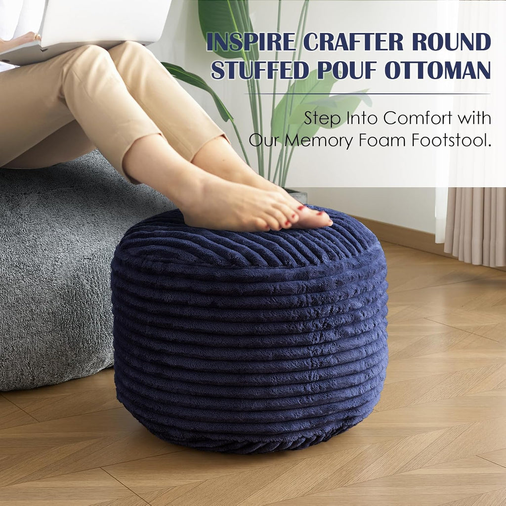 SHOUREN Stuffed Round Ottoman,Pouf Ottoman Foot Rest,20 X 15 in,Navy | Corduroy Cover,Memory Foam Filler,Pouf Storage Ottoman Footstool for Living Room,20 X 15 Floor Poufs for Couch,Footrest Only