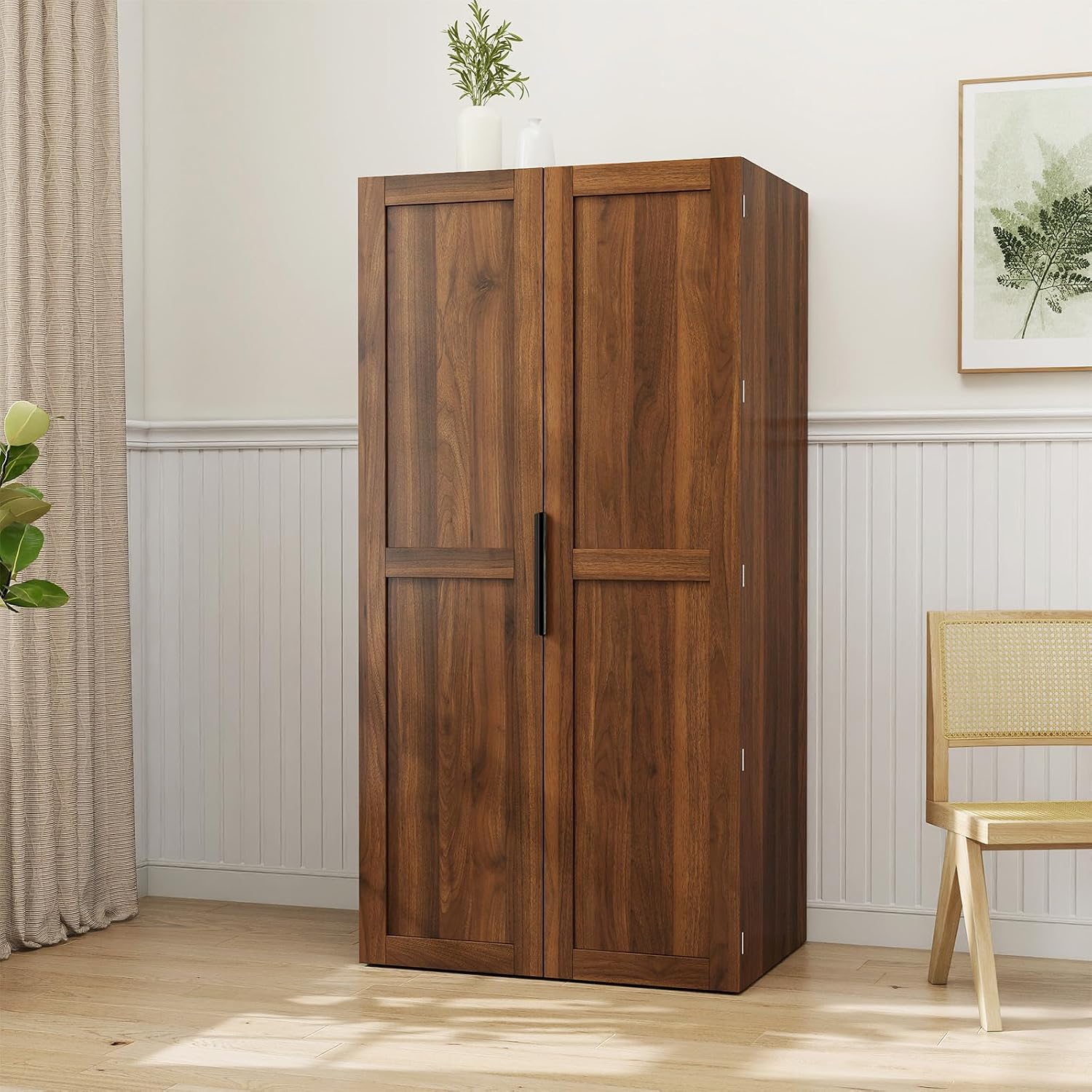 22 in Deep Kitchen Pantry Storage Cabinet with Door Shelving Walnut | 180° Doors with Bottom Rollers, Adjustable Shelves