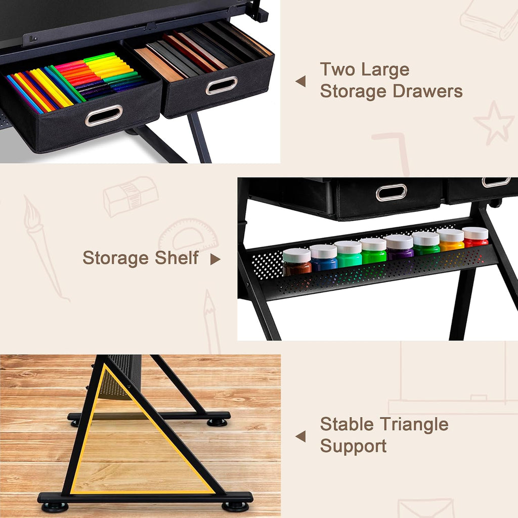 ZENY Adjustable Drafting Table with Stool Tilting Drawing Desk Artist Table | with Outlet, Storage Drawers, Art Craft Workstation for Home Office Reading, Writing, Crafting, Black