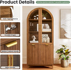 71" Tall Arched Pantry Cabinet, Kitchen Pantry with Glass Doors & Fluted Doors, Wood Storage Cabinet with Adjustable Shelf, Versatile Cupboard for Kitchen, Living Room,Walnut