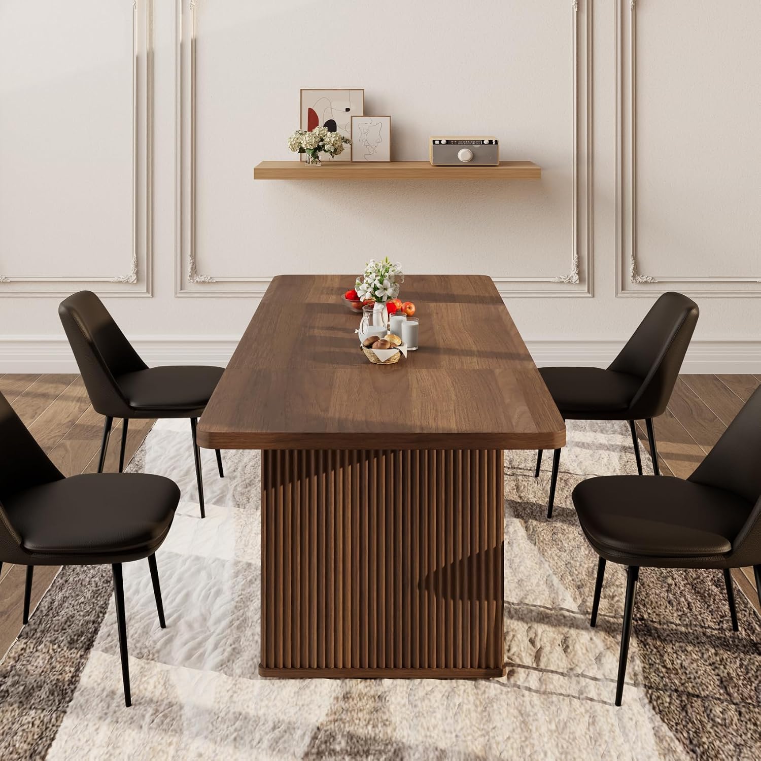 71 inch Rectangular Wood Dining Table for 6-8 People, Modern Fluted Pedestal Kitchen Table, Heavy Duty Waterproof Thickened Tabletop, Farmhouse Long Dinner Table for Home Restaurant, Walnut Brown