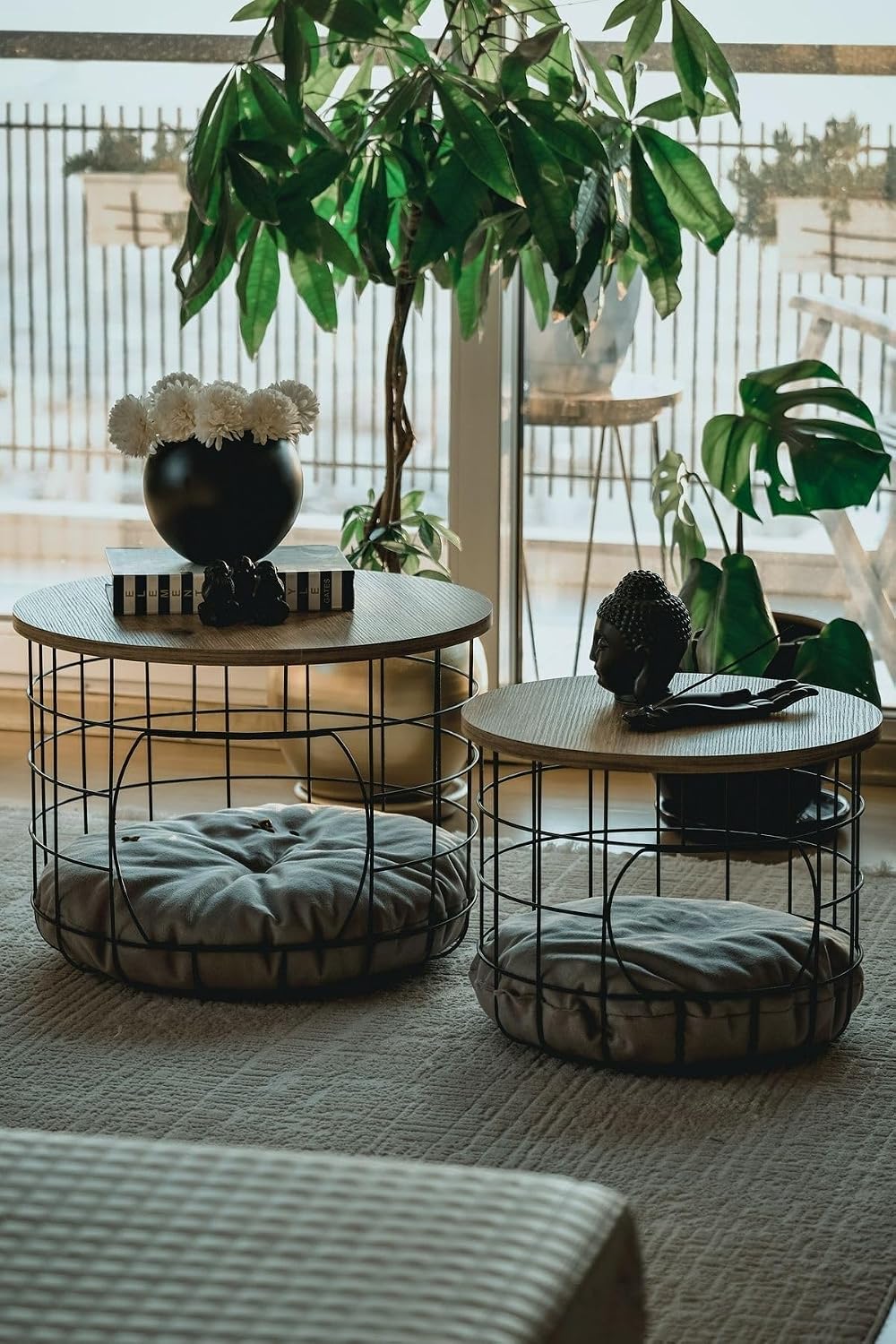 2-Piece Nesting Side Table Set with Cushions Scandinavian Style Round MDF and Metal Frame Modern Living Room Furniture Coffee Table for Pets 21.3 in Diameter - Pine-Black-White Cushion