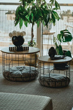 2-Piece Nesting Side Table Set with Cushions Scandinavian Style Round MDF and Metal Frame Modern Living Room Furniture Coffee Table for Pets 21.3 in Diameter - Pine-Black-White Cushion