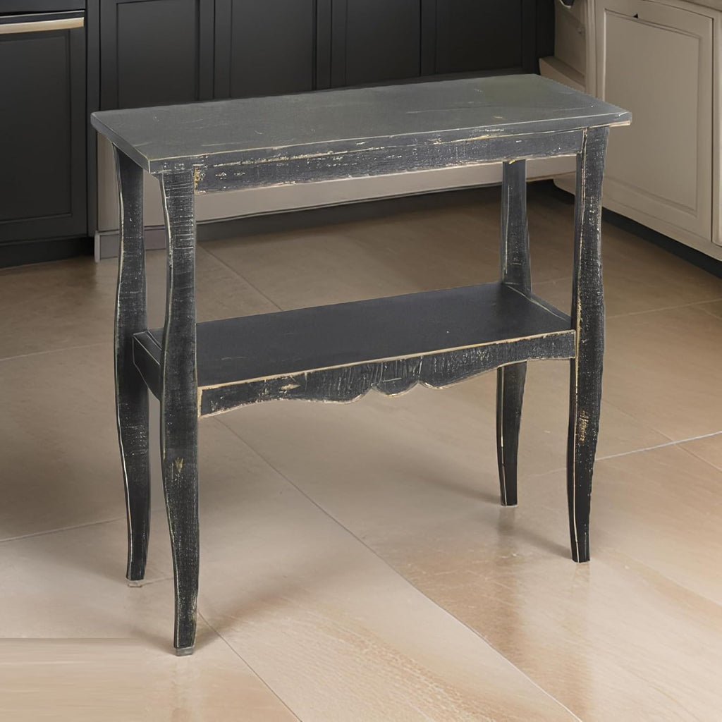 Benzara Rena Side End Table with Scallop Trim- 28 Inch Rustic Black Mahogany