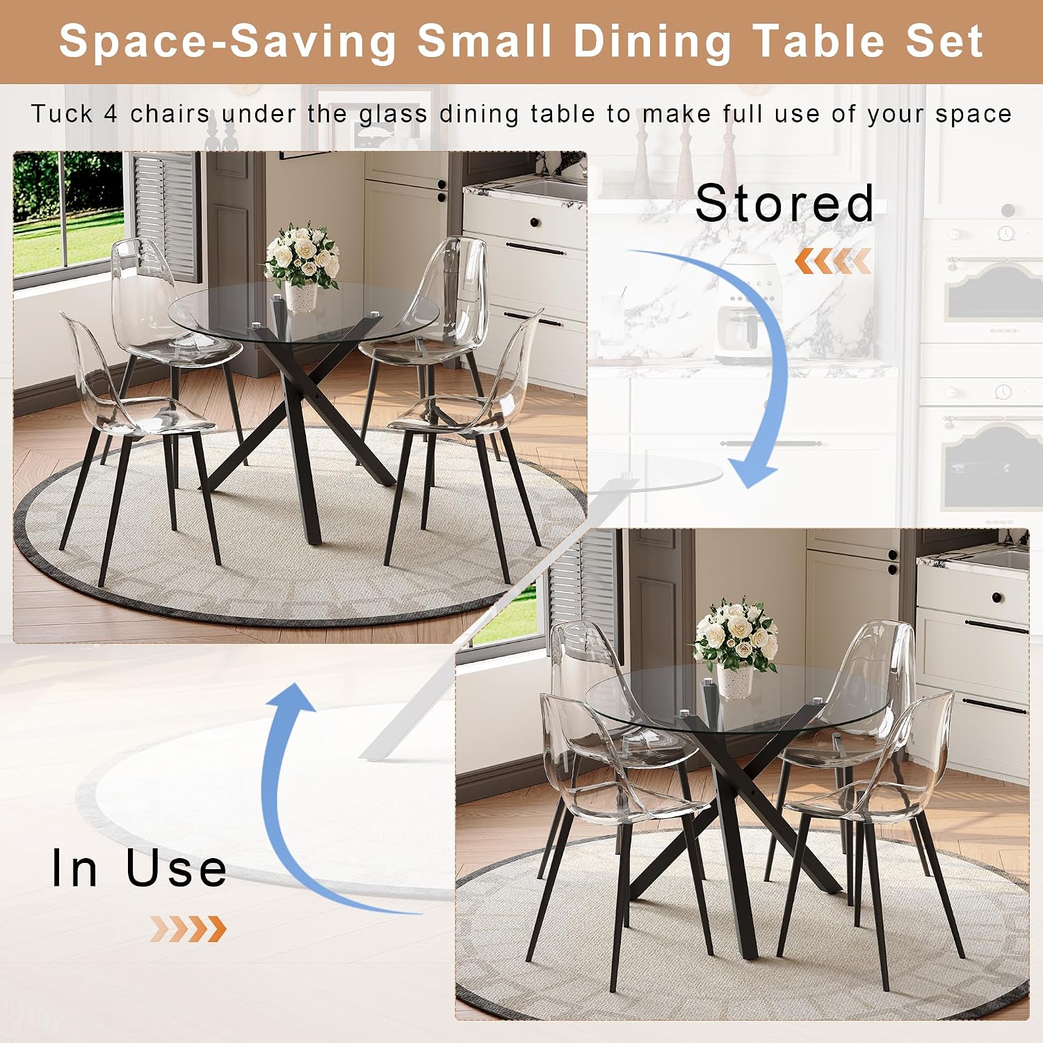 Round Dining Table Set for 4, 39" Glass Dining Table Set with Black Adjustable X-Shaped Metal Leg&4 Clear Acrylic Chairs with Chrome Legs, Small Space-Saving Table Set Ideal for Kitchen, Dining Room