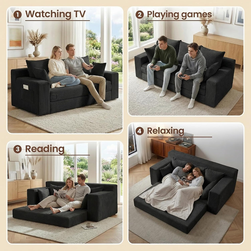 JUIKURY Couches 70 inch: 3-in-1 Convertible Sofa Bed Futon Couch Bed, Oversized Loveseat Sleeper Sofa with 5 Pillows, Black Small Couch for Living Room, Bedroom & Small Space