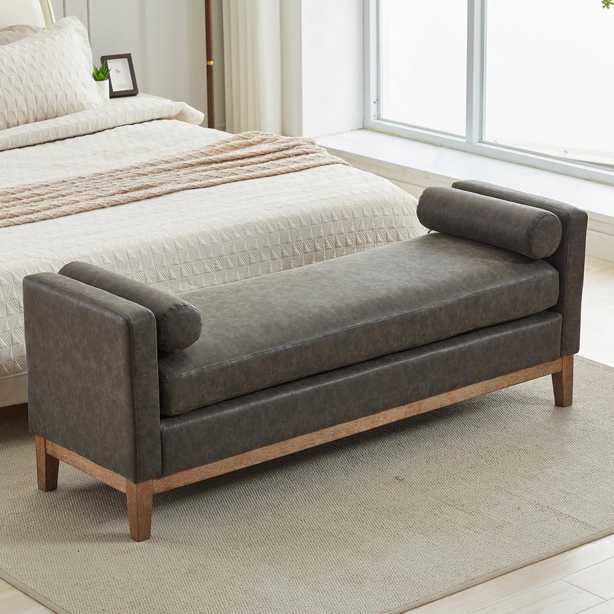 End of Bed Bench for Bedroom, 66.34'' Long King Size Vegan Leather Bench with Arms Upholstered Shoe Bench for Entryway, Hallway, Cloakroom, Window Bench (Grey PU).