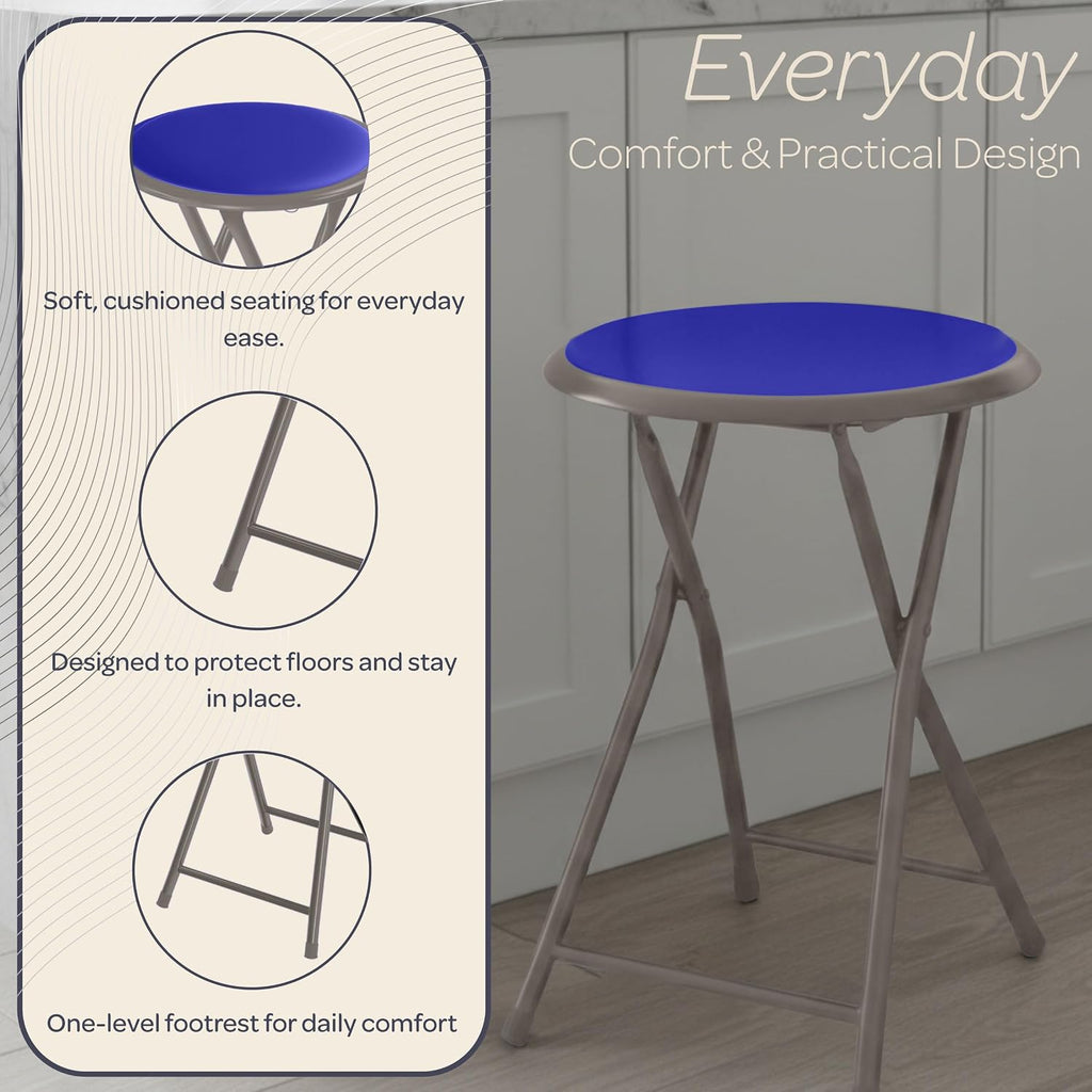 Lavish Home Portable Folding Stool with Backless Seat Set of 4, Blue, 18” | Compact Counter Bar Stools with 225lb Capacity, Collapsible Stools for Kitchen, Dorm, RV, Camping, Rec Room or Extra Seating