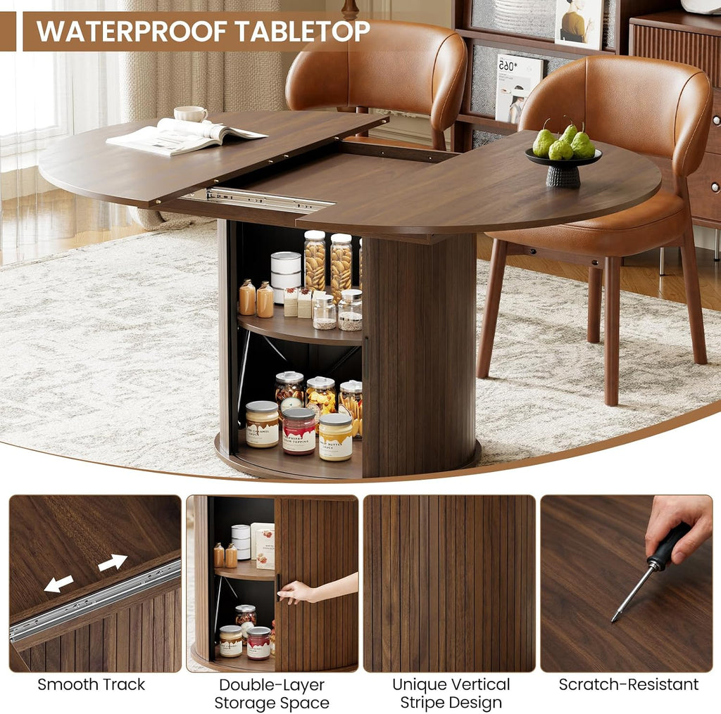 MALOL 47"-63" Extendable Round to Oval Dining Room Table Chairs Set for 4-8, Modern Wooden Kitchen Table and Chairs with Hidden Storage and Fluted Design for Dining Room/Small Space(Walnut and Brown)