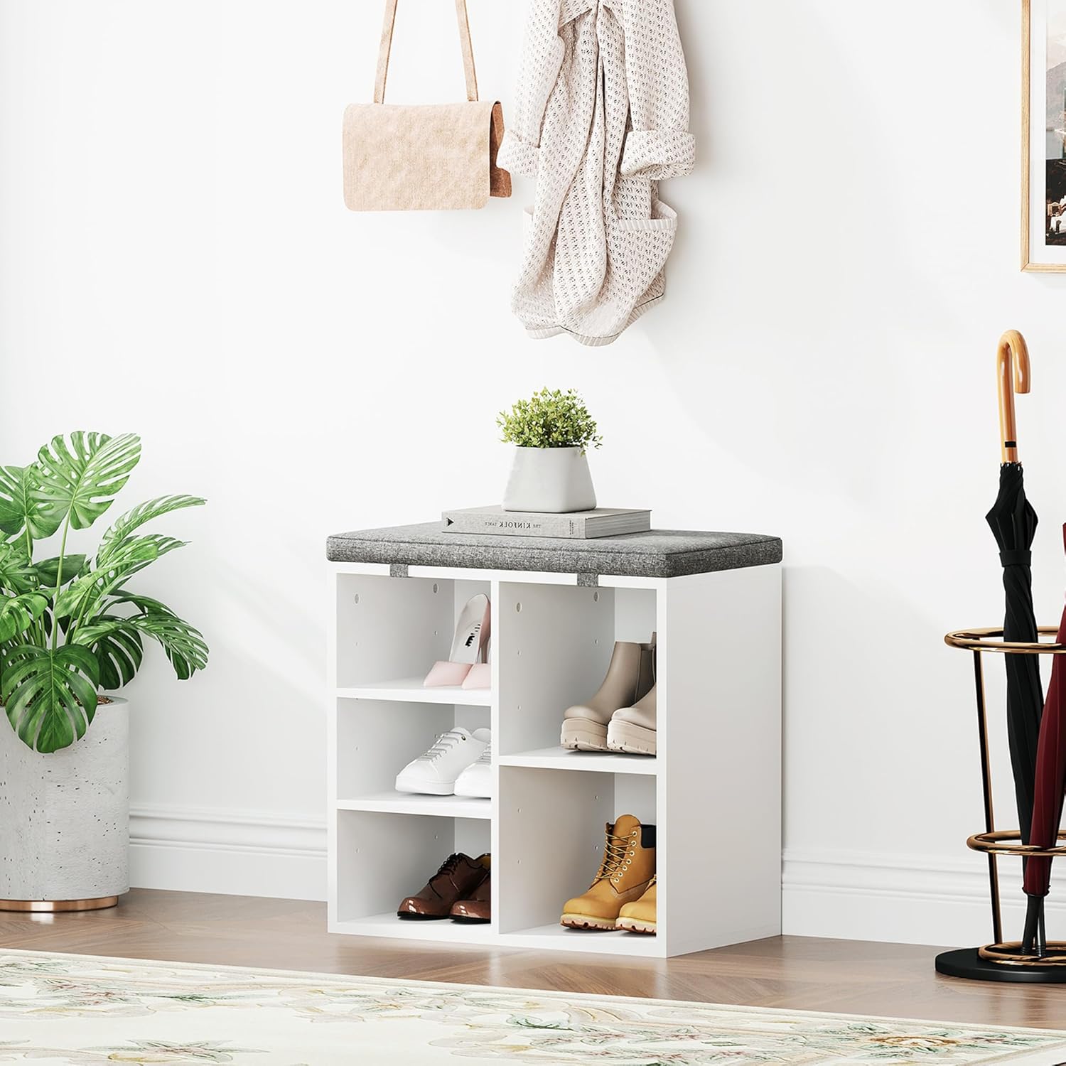 Shoe Bench with Padded Seat, 20'' Shoe Storage Bench with Adjustable Shelves & Side Pockets, 5 Cubes Storage Organizer for Entryway, Porch, Mudroom, Hallway(20''x12''x21''), White