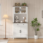 Garvee 72 in Tall Kitchen Pantry Cabinet, Kitchen Hutch Bar Cabinet with Microwave Stand, Cupboard with Drawers Glass Doors for Dining Room, Living Room, White