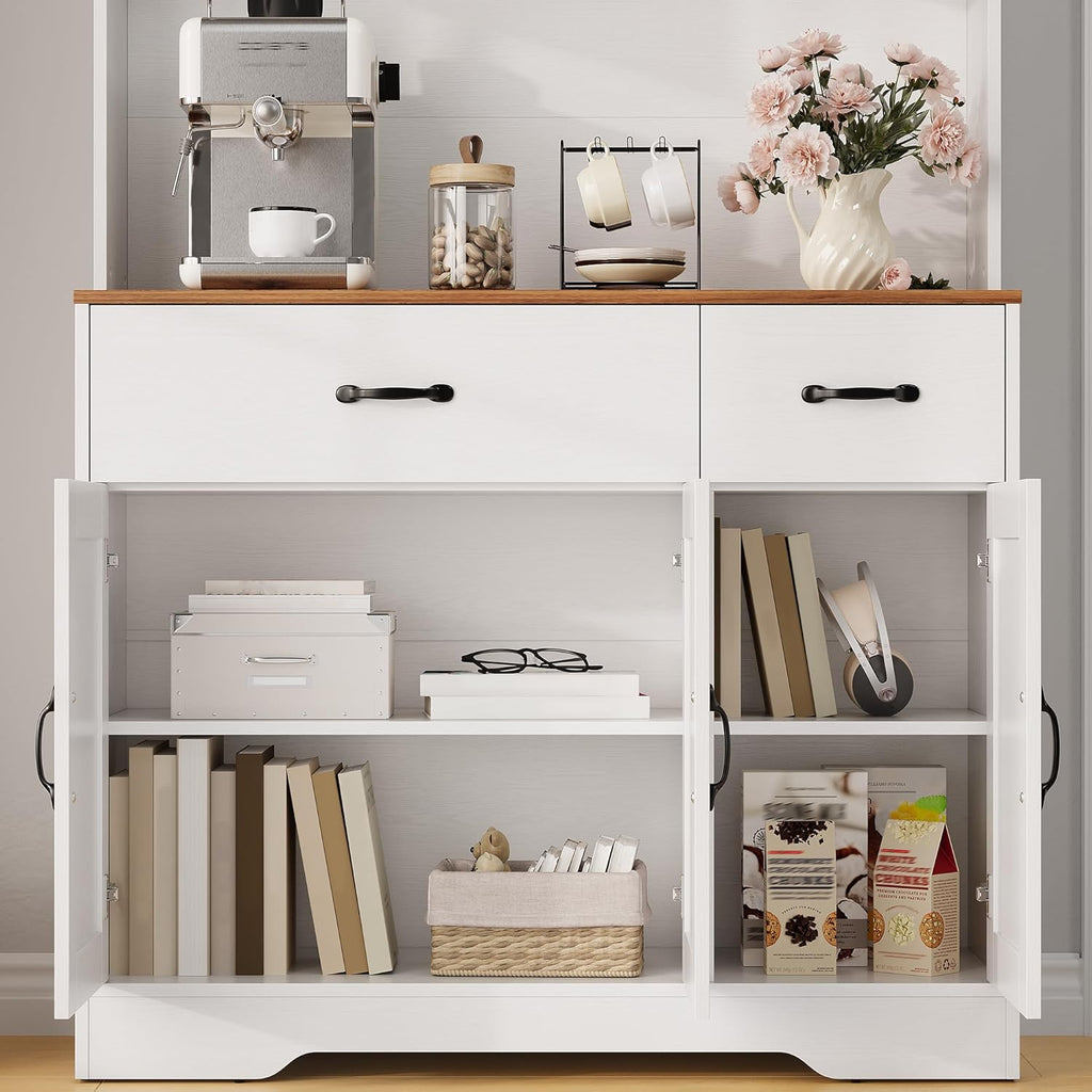 Garvee 71" Kitchen Pantry Cabinet with Charging Station, Kitchen Hutch Storage Cabinet with Large Countertop & 2 Drawers, Wood Farmhouse Food Pantry Cabinet for Dining Room, Living Room, White