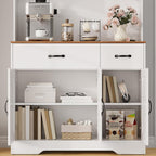 Garvee 71" Kitchen Pantry Cabinet with Charging Station, Kitchen Hutch Storage Cabinet with Large Countertop & 2 Drawers, Wood Farmhouse Food Pantry Cabinet for Dining Room, Living Room, White