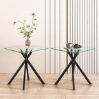 Modern Square End Table with Glass Top, Glass End Side Table for Living Room Office, 17.72 x 17.72 x 20.87 inches, Black Metal X-Base, Adjustable Feet (2, Black)