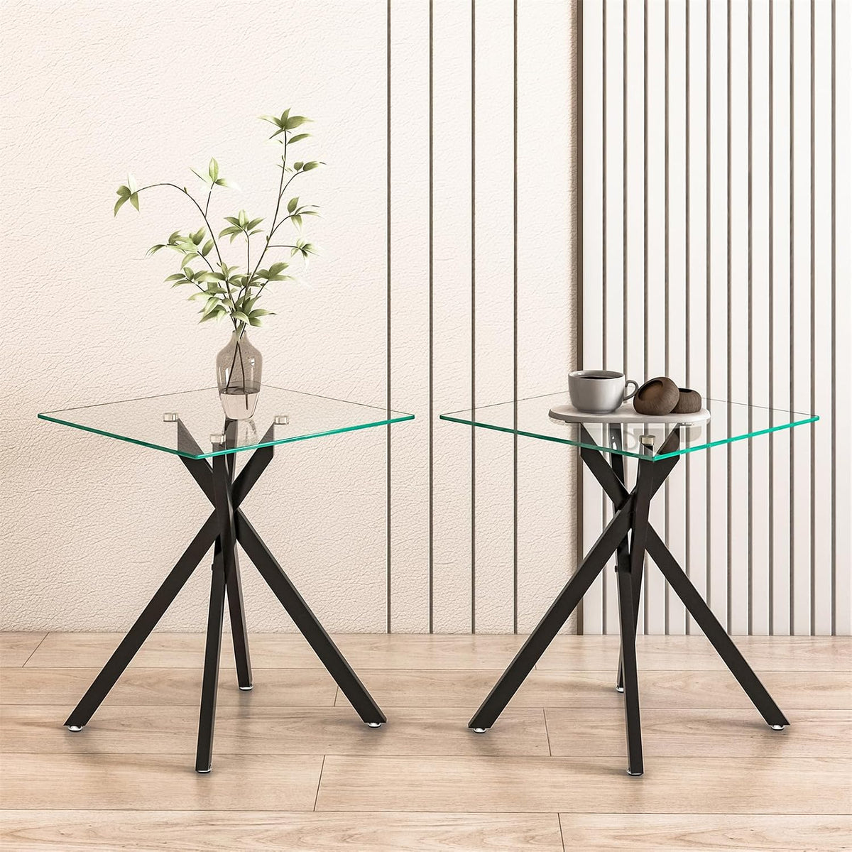 Modern Square End Table with Glass Top, Glass End Side Table for Living Room Office, 17.72 x 17.72 x 20.87 inches, Black Metal X-Base, Adjustable Feet (2, Black)
