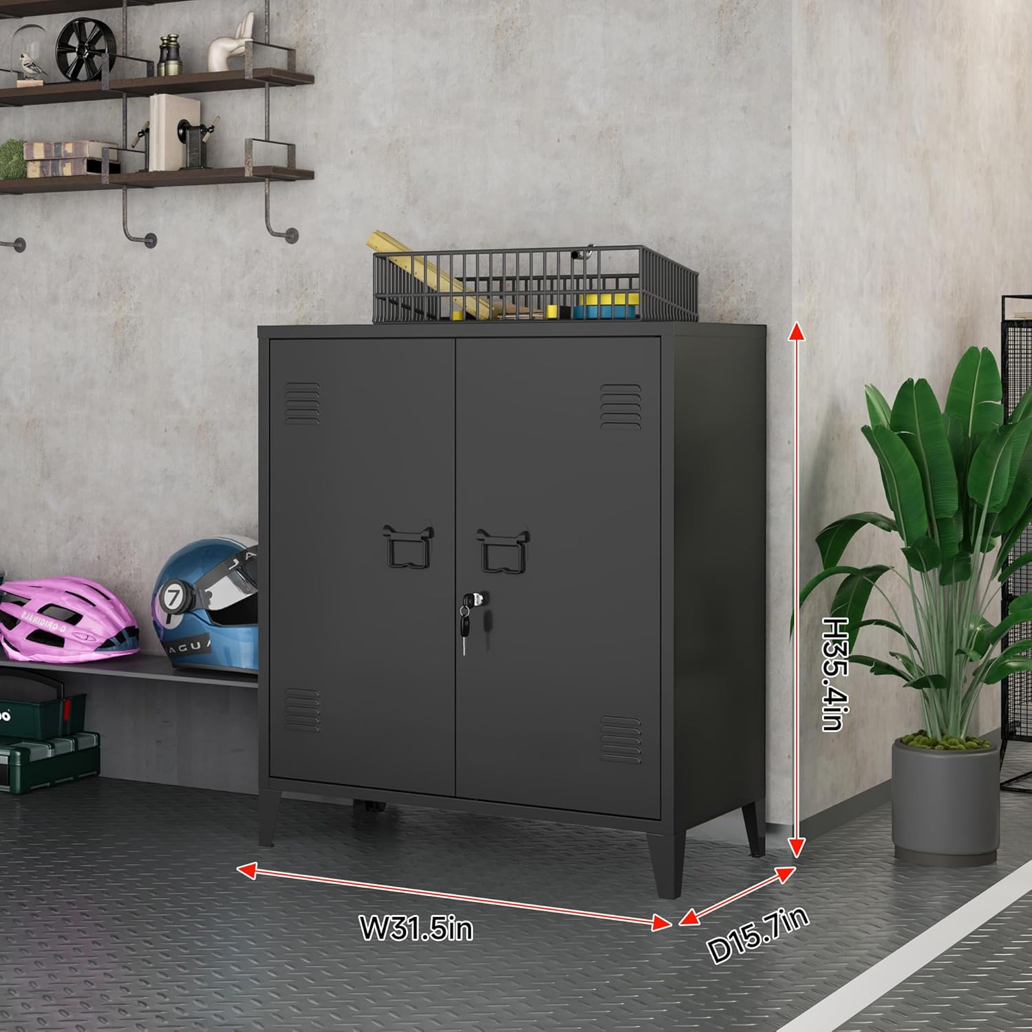 35.4”H Metal Storage Cabinet with Locking Doors and 2 Adjustable Shelves, Garage Storage Cabinet with Lock & Keys for Home School Office (Black)