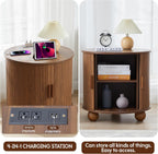 24" End Table with Charging Station, Farmhouse Round Fluted Wood Night Stand, Mid-Century Large Side Table with Storage & Sliding Door for Living Room, Bedroom (Round, Walnut)