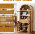SOFTSEA 71" Tall Kitchen Pantry Cabinet with Adjustable Shelves, Fluted Arched Cupboard Cabinet with Hidden Drawer & Glass Door, Kitchen Hutch with Door Shelves for Dining Room, Oak