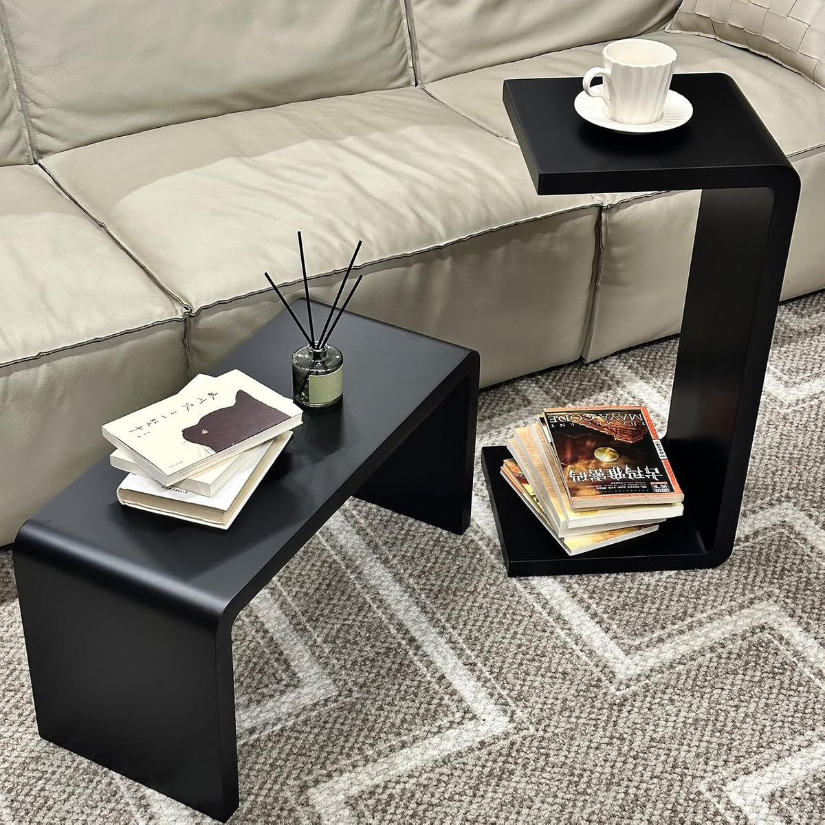 C Shaped End Table, Solid Wood Sofa Side Table for Couch, Bed, and Living Room, Space-Saving Small Snack Table for Bedroom, Office, or Balcony, Wooden Nightstand for Laptop and Narrow Spaces