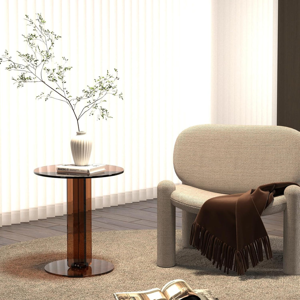 Round Acrylic Side Table, Modern Accent End Table, Minimalist Bedside Night Stand, Small Coffee Tables for Living Room Office Bedroom Indoor Home Decor, Brown