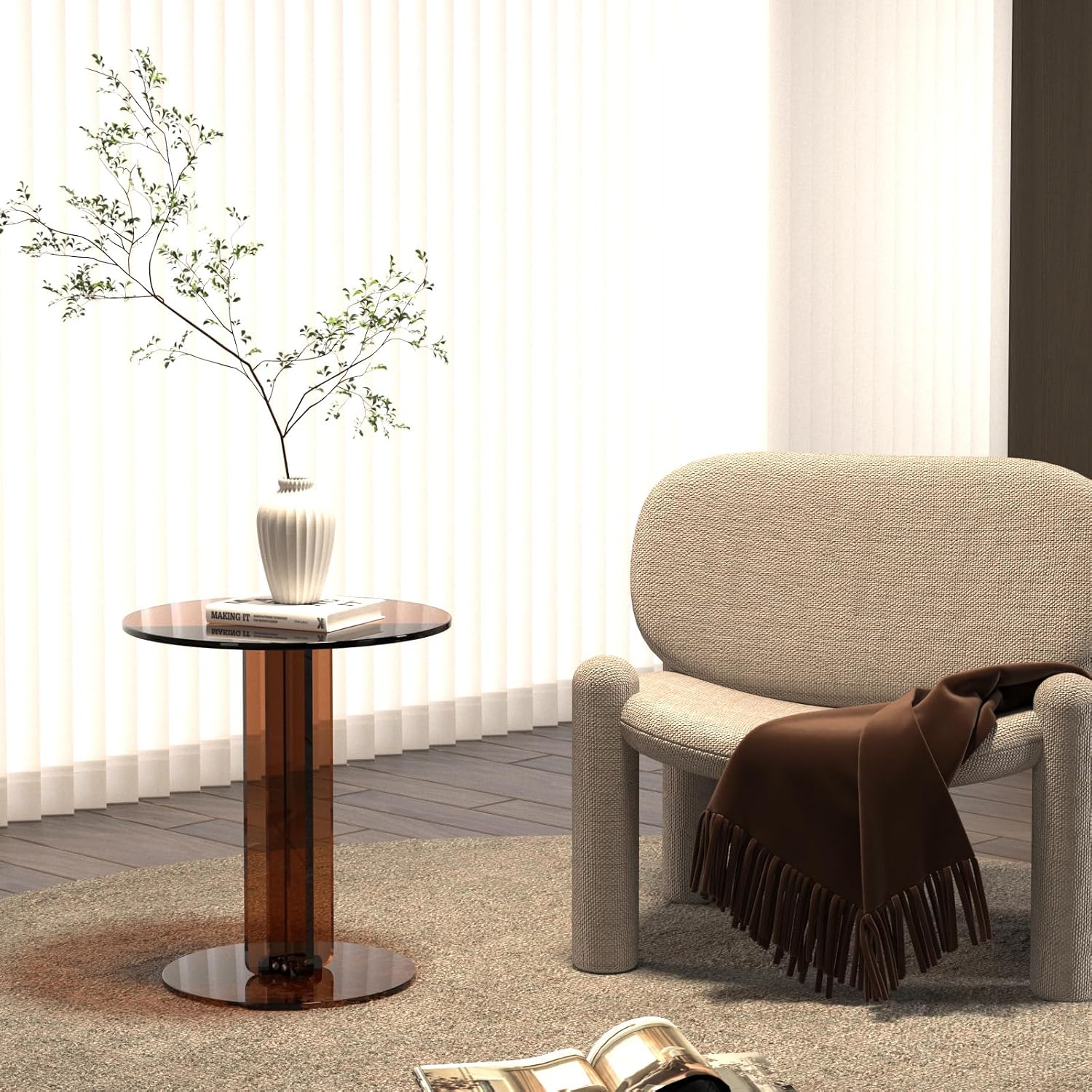 Round Acrylic Side Table, Modern Accent End Table, Minimalist Bedside Night Stand, Small Coffee Tables for Living Room Office Bedroom Indoor Home Decor, Brown