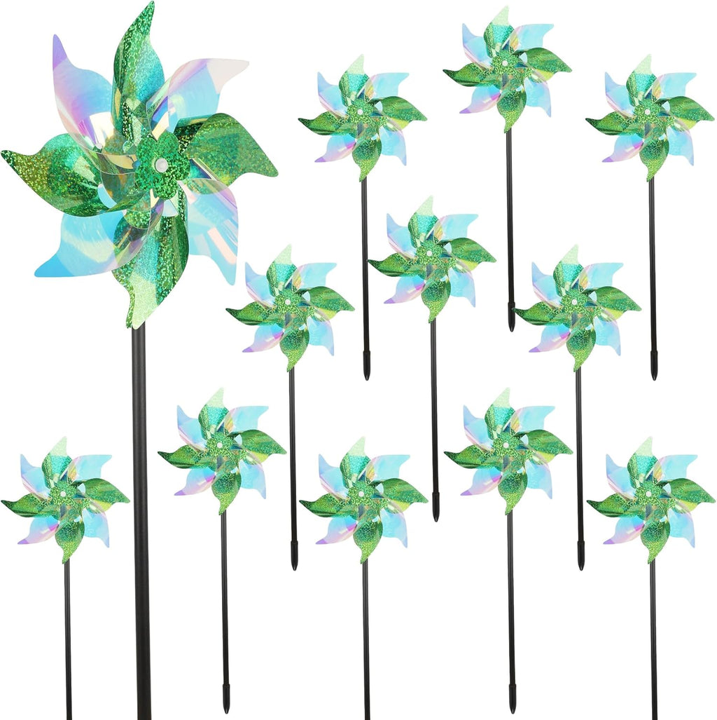 winemana 12 Pcs Reflective Pinwheels Outdoor, Wind Spinners for Yard & Garden, Sparkly Bird Repellent Windmill Scare Birds Away, Deterrent Devices for Outside Patio Lawn Spring Decor (Green)