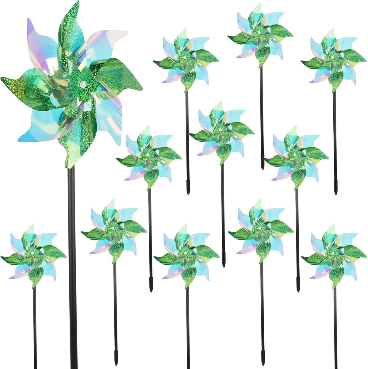 winemana 12 Pcs Reflective Pinwheels Outdoor, Wind Spinners for Yard & Garden, Sparkly Bird Repellent Windmill Scare Birds Away, Deterrent Devices for Outside Patio Lawn Spring Decor (Green)