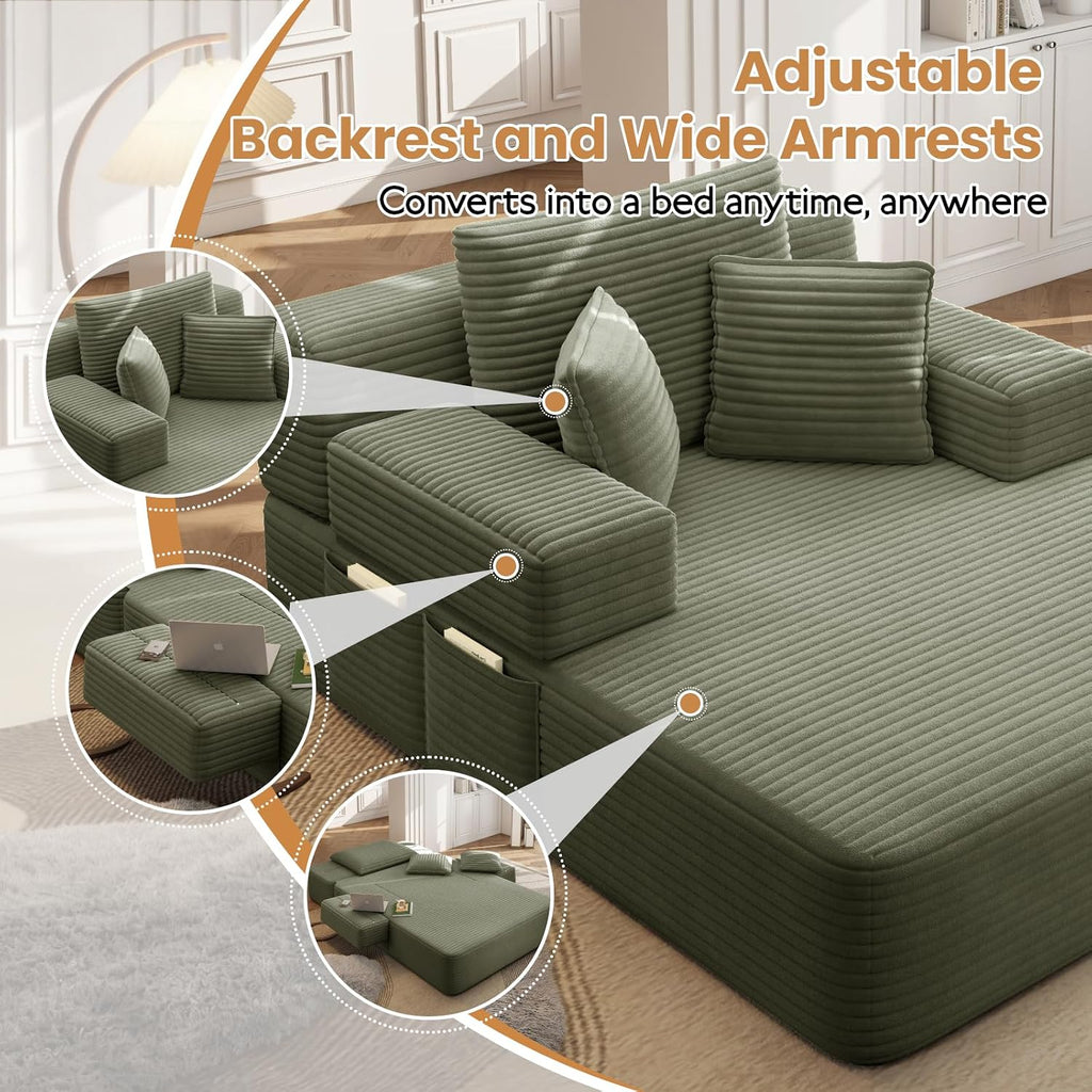 60.2 Inch Chaise Lounge Chair Indoor, Oversized Chaise Lounge with Adjustable Backrest and Armrests, Luxurious Corduroy Convertible Sofa Bed with Storage Pocket for Small Spaces, Apartment (Green)