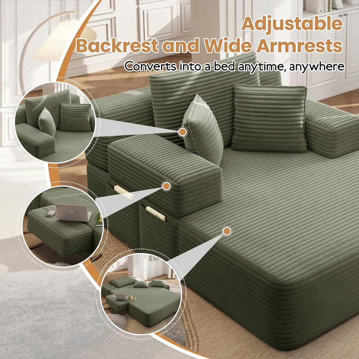 60.2 Inch Chaise Lounge Chair Indoor, Oversized Chaise Lounge with Adjustable Backrest and Armrests, Luxurious Corduroy Convertible Sofa Bed with Storage Pocket for Small Spaces, Apartment (Green)